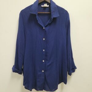 VTG Silhouttes Womens Flax Blend Tunic Size XL Navy  Button Tie Beachy Boho